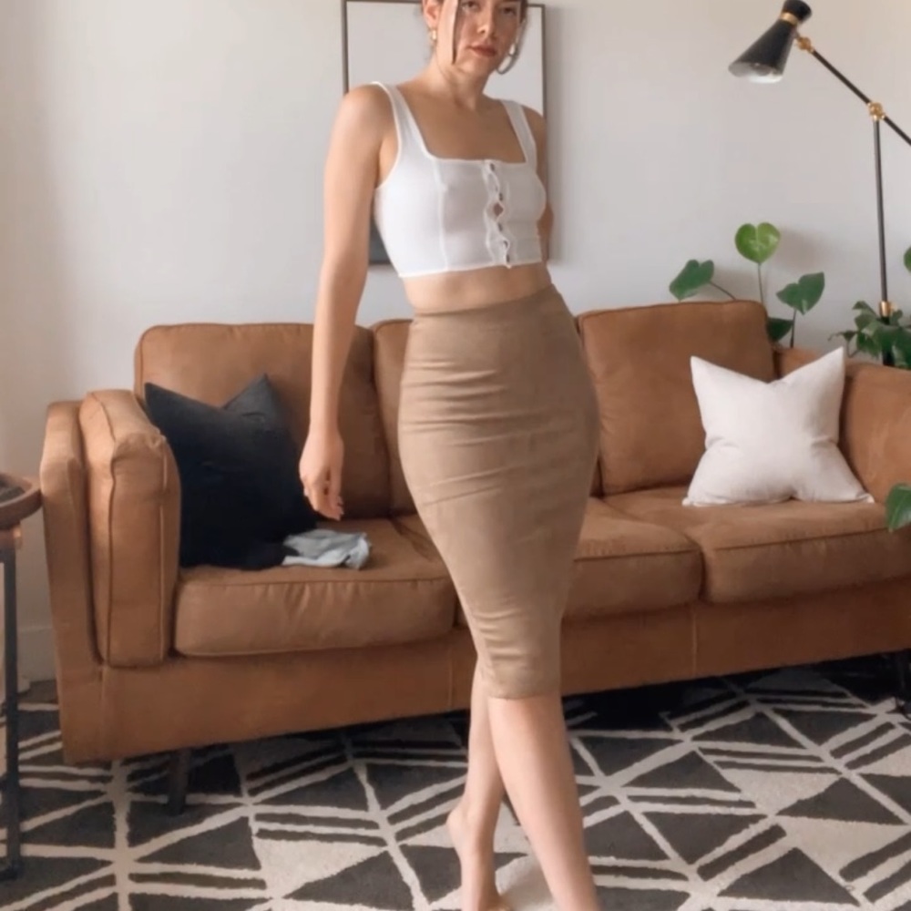 Tan Midi Faux Suede Skirt